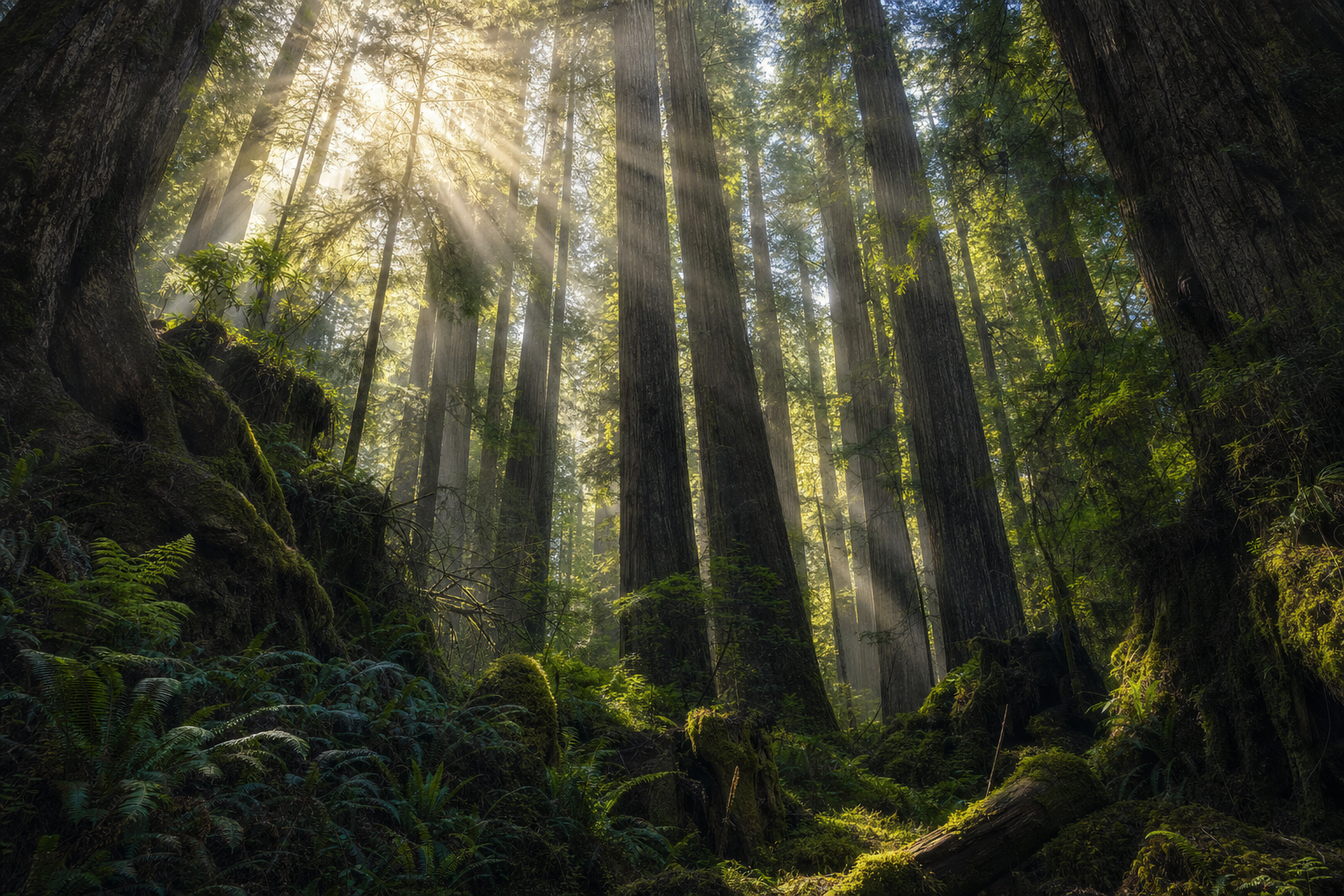 Uralter Wald mit Lichtschäften — Sinnbild der Naturgeschichte